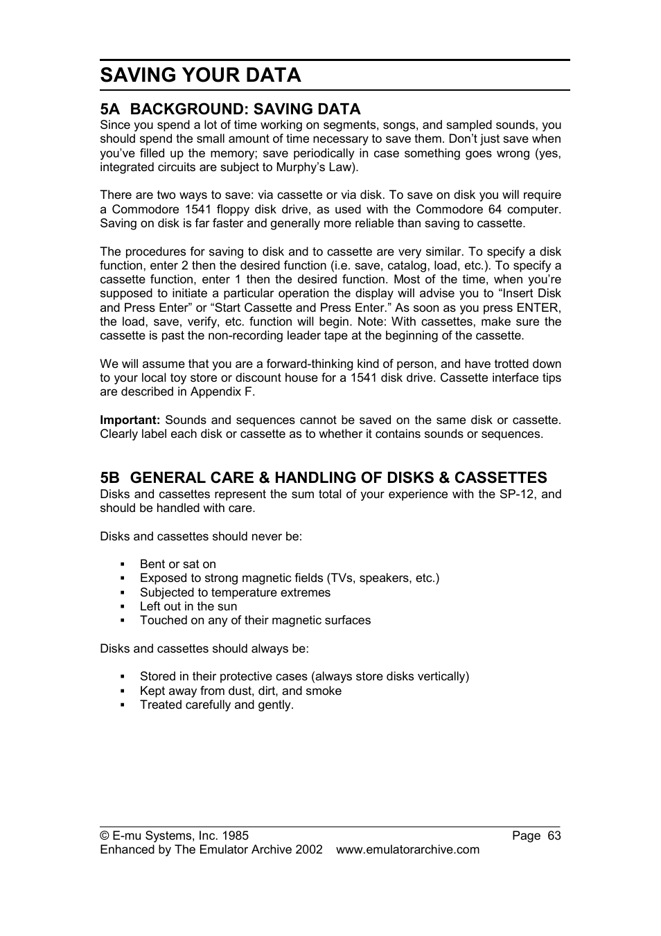 5a background: saving data, 5b general care & handling of disks & cassettes, Background: saving data | General care & handling of disks & cassettes, Saving your data | SP Studio Systems SP-12 User Manual | Page 63 / 99