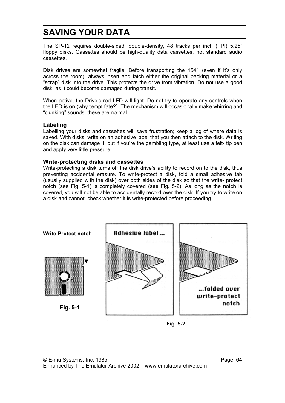 Labeling, Write-protecting disks and cassettes, Saving your data | SP Studio Systems SP-12 User Manual | Page 64 / 99