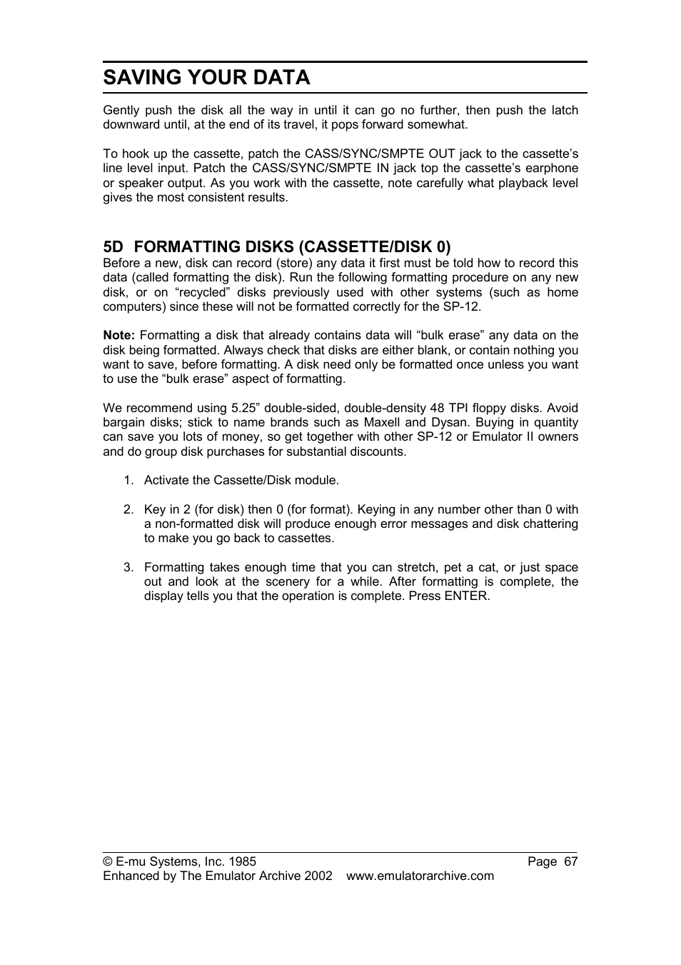5d formatting disks (cassette/disk 0), Formatting disks (cassette/disk 0), Saving your data | SP Studio Systems SP-12 User Manual | Page 67 / 99