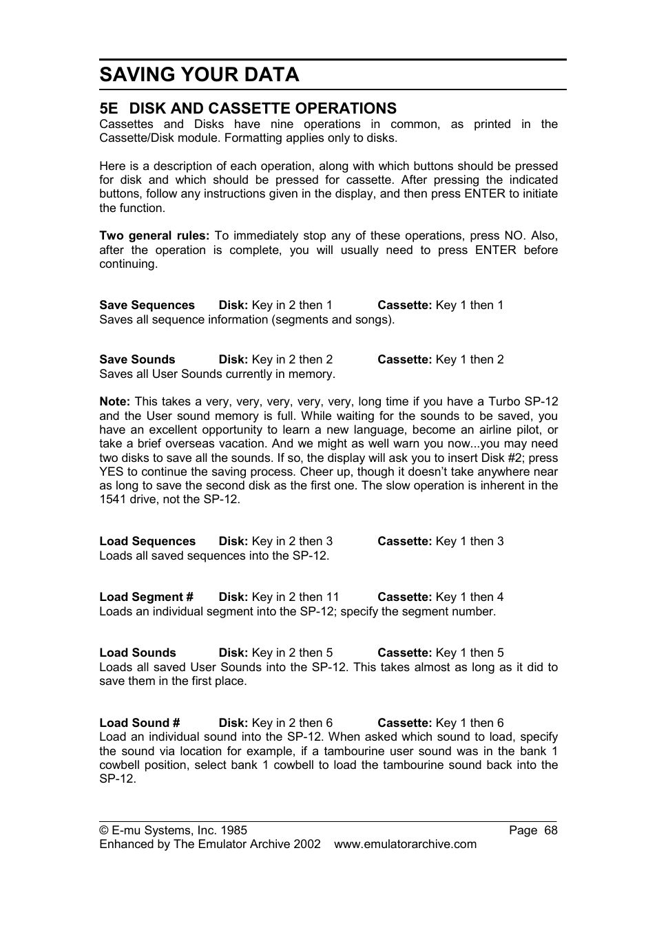 5e disk and cassette operations, Disk and cassette operations, Saving your data | SP Studio Systems SP-12 User Manual | Page 68 / 99