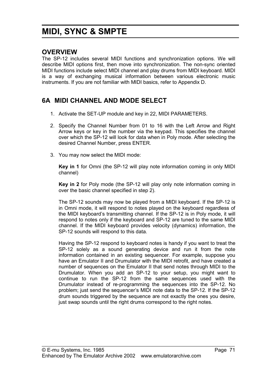 Overview, 6a midi channel and mode select, Midi channel and mode select | Midi, sync & smpte | SP Studio Systems SP-12 User Manual | Page 71 / 99