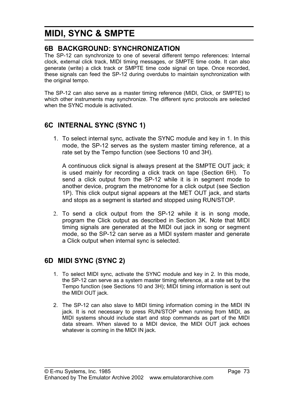 6b background: synchronization, 6c internal sync (sync 1), 6d midi sync (sync 2) | Background: synchronization, Internal sync (sync 1), Midi sync (sync 2), Midi, sync & smpte | SP Studio Systems SP-12 User Manual | Page 73 / 99