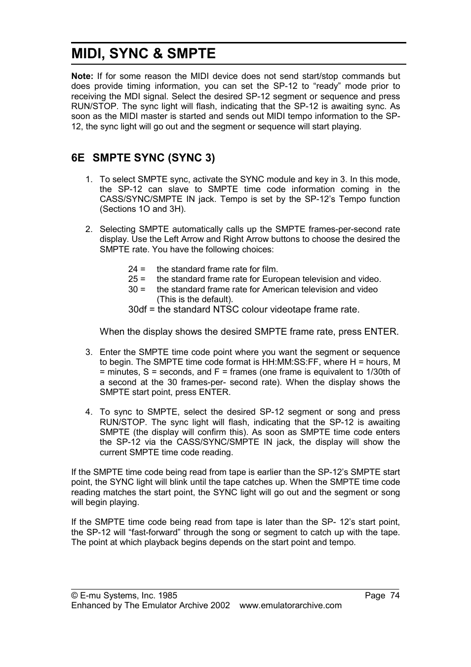 6e smpte sync (sync 3), Smpte sync (sync 3), Midi, sync & smpte | SP Studio Systems SP-12 User Manual | Page 74 / 99