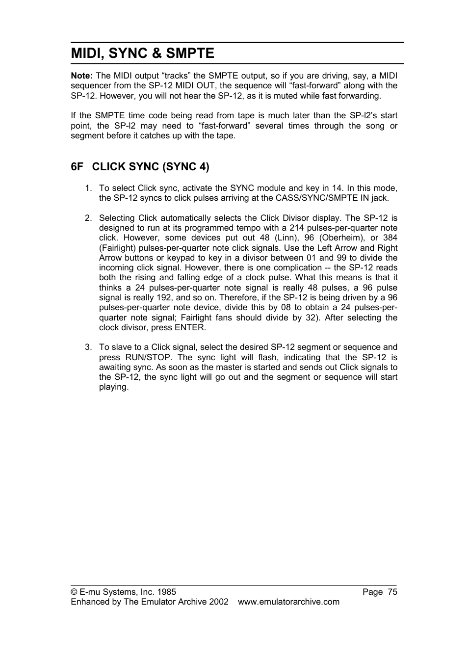 6f click sync (sync 4), Click sync (sync 4), Midi, sync & smpte | SP Studio Systems SP-12 User Manual | Page 75 / 99