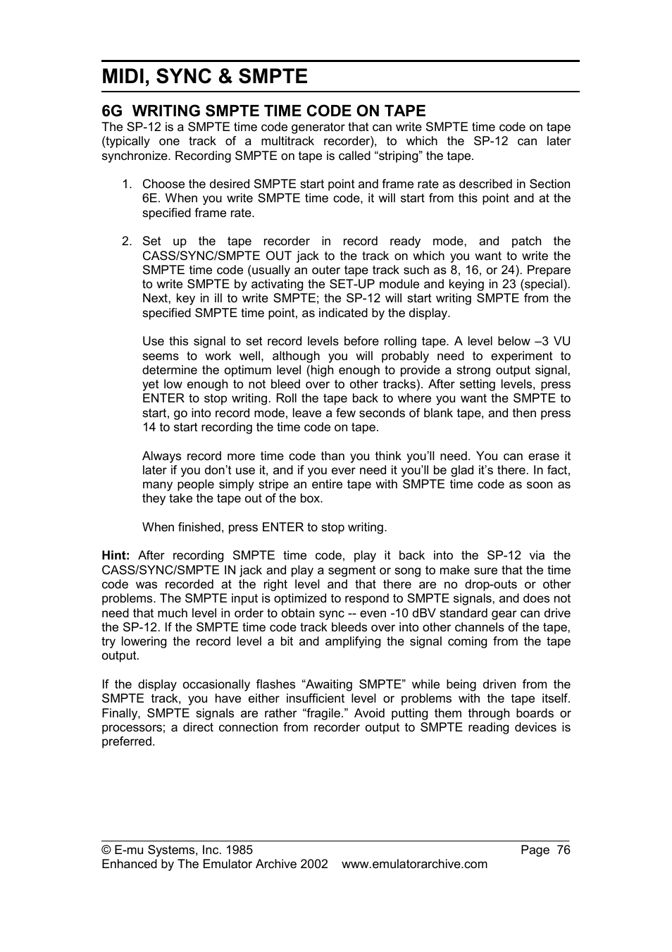 6g writing smpte time code on tape, Writing smpte time code on tape, Midi, sync & smpte | SP Studio Systems SP-12 User Manual | Page 76 / 99