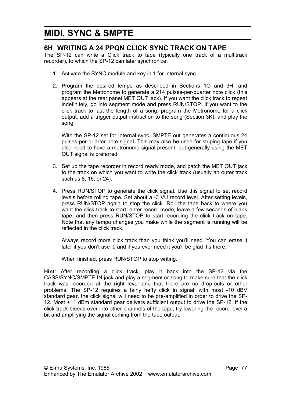 6h writing a 24 ppqn click sync track on tape, Writing a 24 ppqn click sync track on tape, Midi, sync & smpte | SP Studio Systems SP-12 User Manual | Page 77 / 99