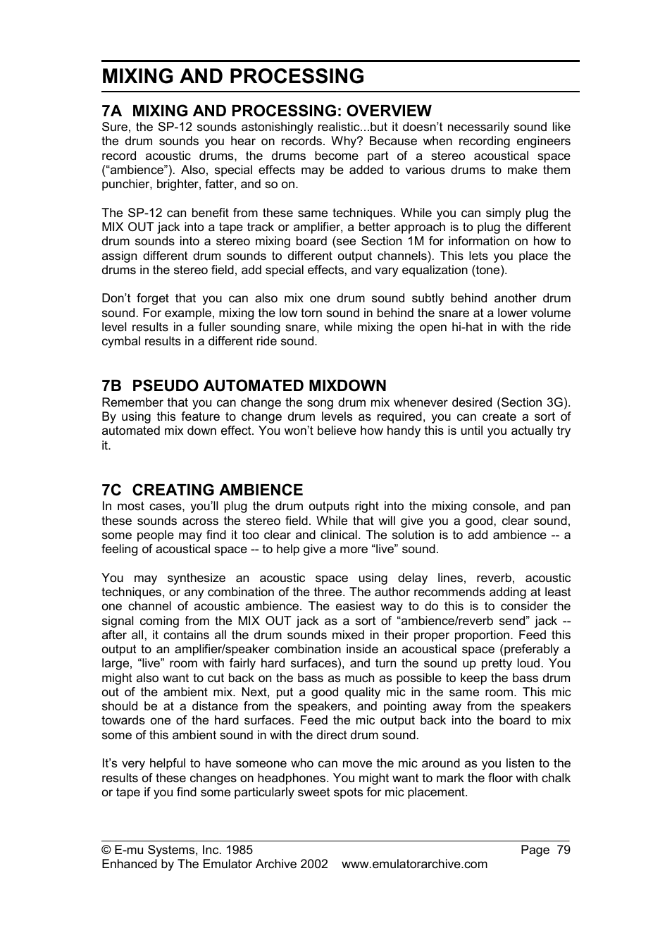 7a mixing and processing: overview, 7b pseudo automated mixdown, 7c creating ambience | Mixing and processing: overview, Pseudo automated mixdown, Creating ambience, Mixing and processing | SP Studio Systems SP-12 User Manual | Page 79 / 99