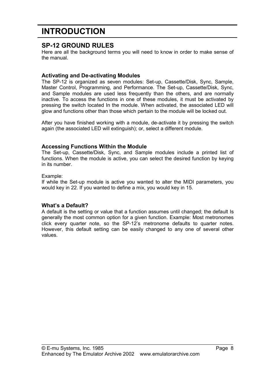 Sp-12 ground rules, Activating and de-activating modules, Accessing functions within the module | What’s a default, Introduction | SP Studio Systems SP-12 User Manual | Page 8 / 99