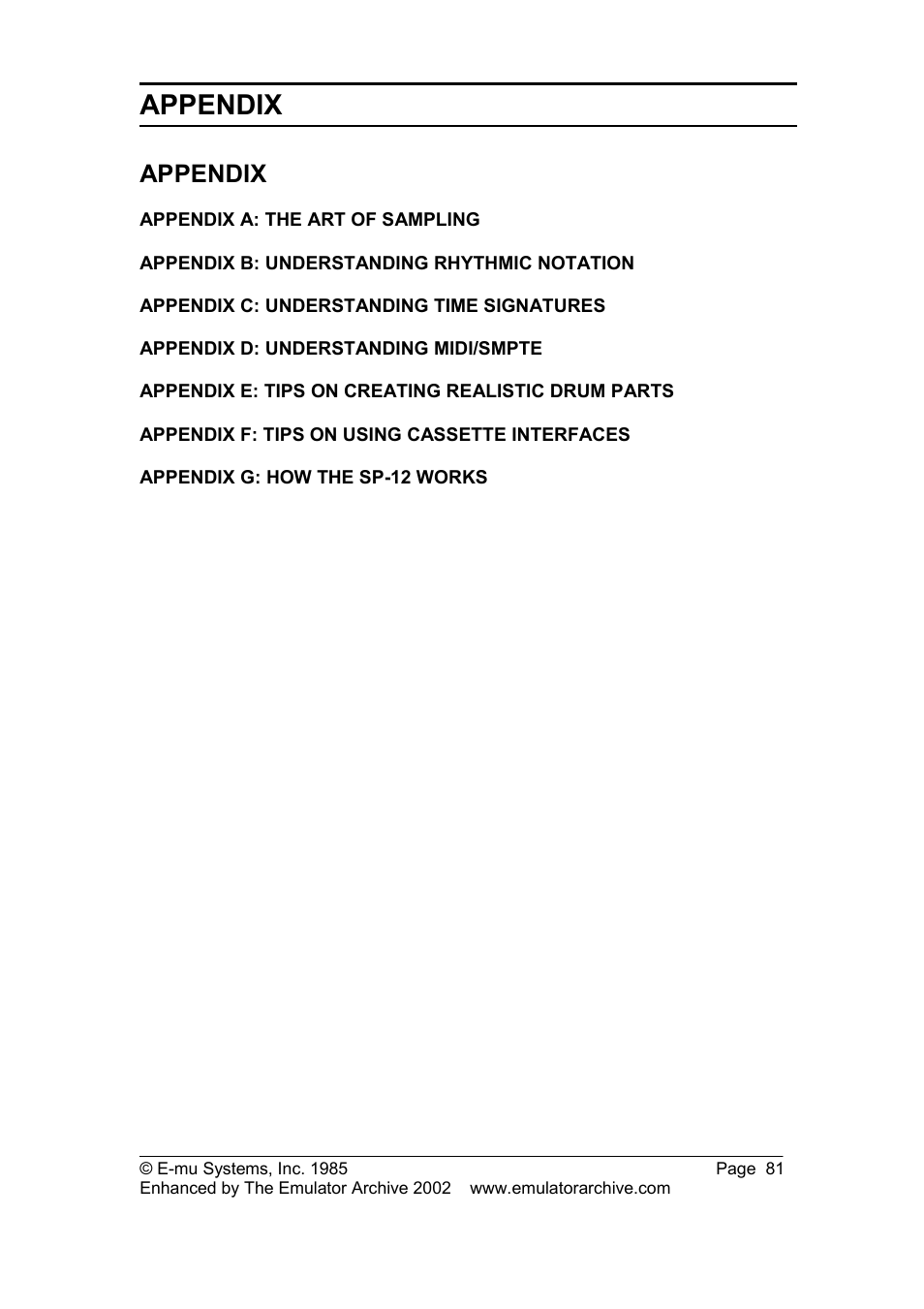 Appendix | SP Studio Systems SP-12 User Manual | Page 81 / 99