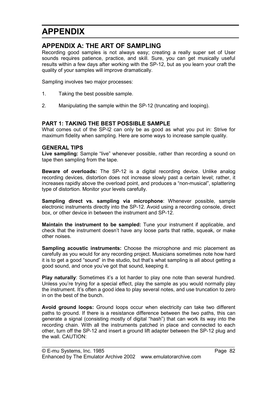 Appendix a: the art of sampling, Part 1: taking the best possible sample, Appendix | SP Studio Systems SP-12 User Manual | Page 82 / 99
