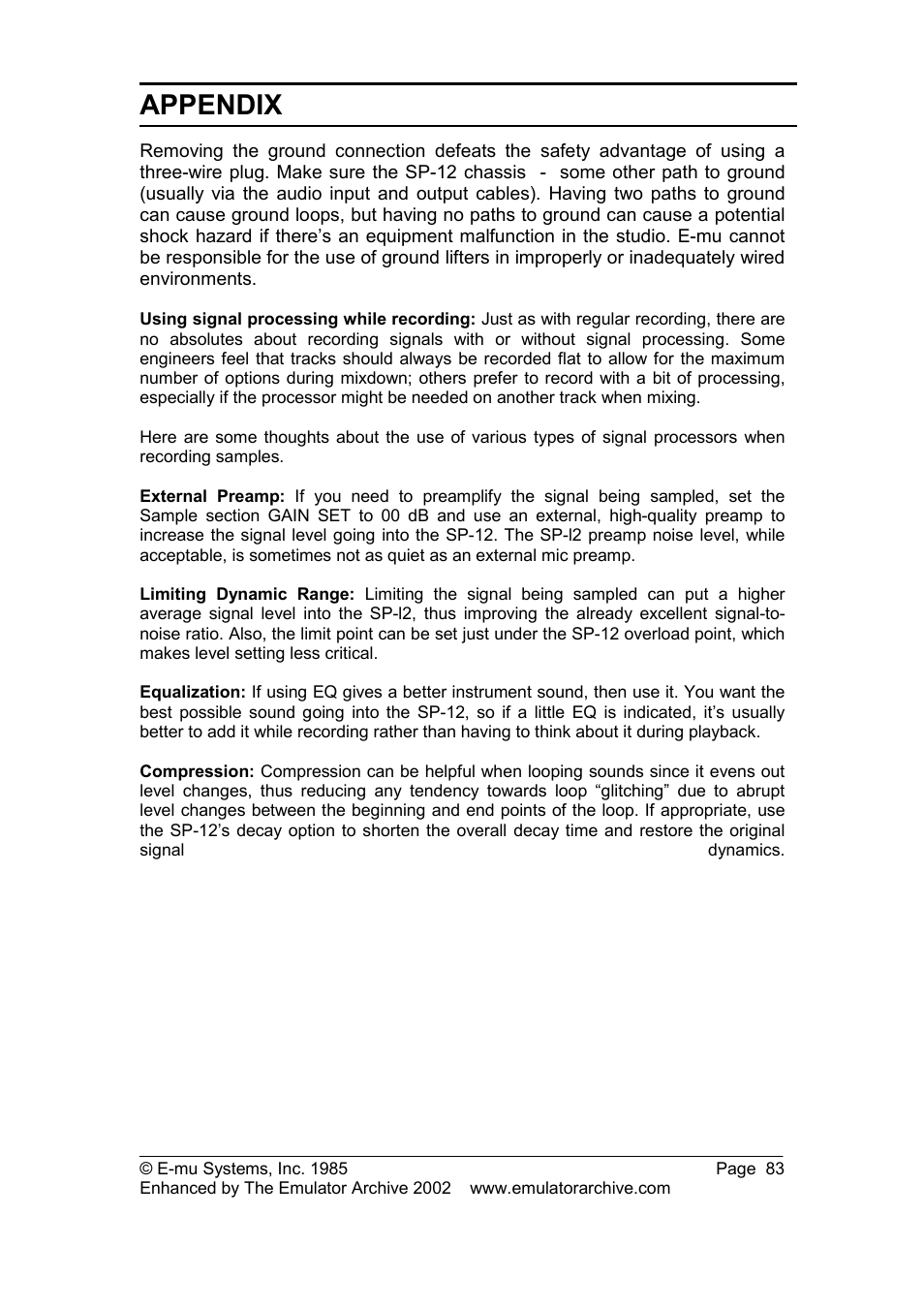 Appendix | SP Studio Systems SP-12 User Manual | Page 83 / 99