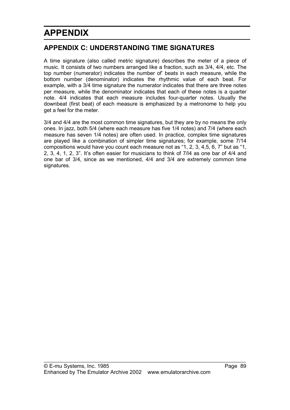 Appendix c: understanding time signatures, Appendix | SP Studio Systems SP-12 User Manual | Page 89 / 99