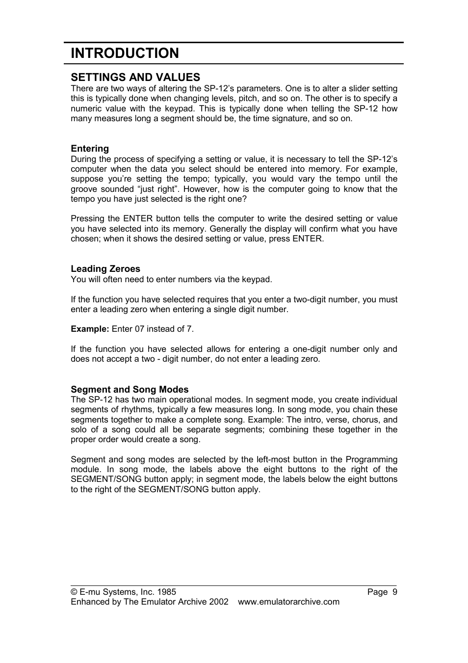 Settings and values, Entering, Leading zeroes | Segment and song modes, Introduction | SP Studio Systems SP-12 User Manual | Page 9 / 99