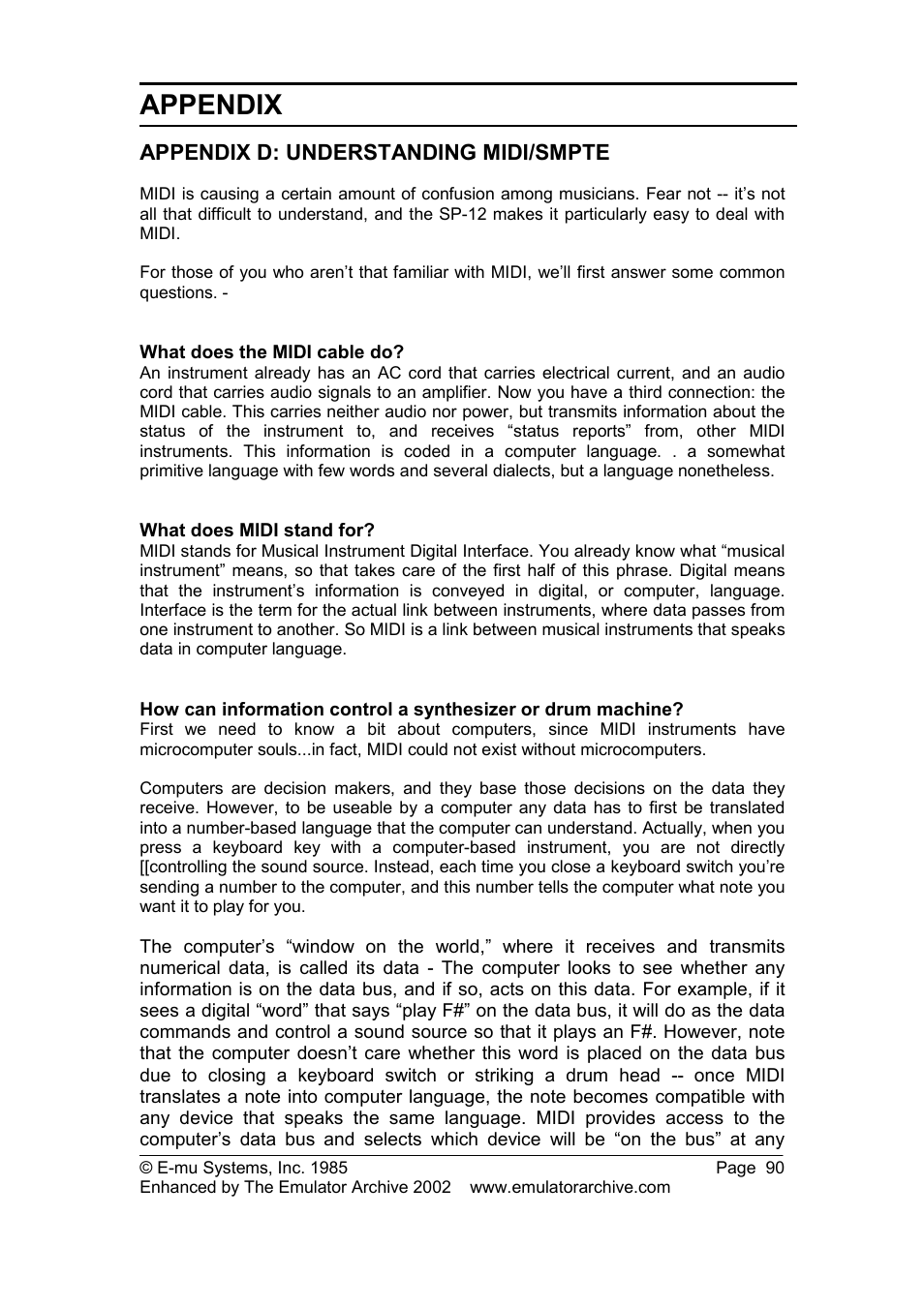 Appendix d: understanding midi/smpte, What does the midi cable do, What does midi stand for | Appendix | SP Studio Systems SP-12 User Manual | Page 90 / 99