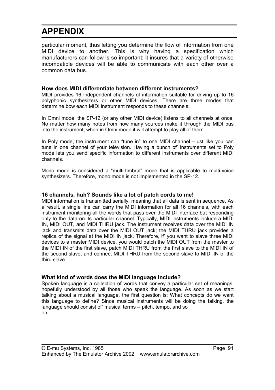 What kind of words does the midi language include, Appendix | SP Studio Systems SP-12 User Manual | Page 91 / 99