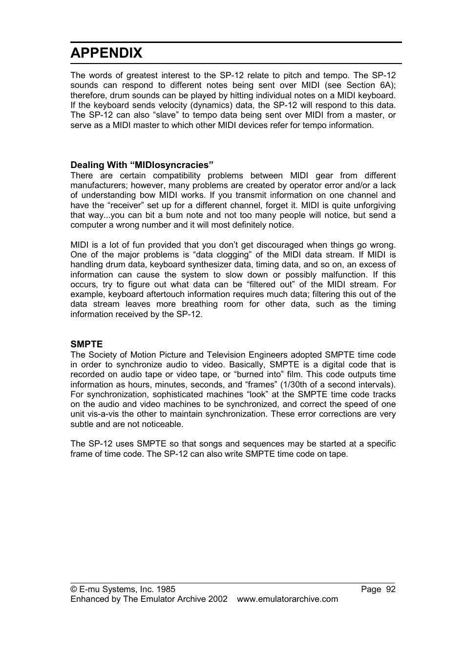 Dealing with “mldlosyncracies, Smpte, Appendix | SP Studio Systems SP-12 User Manual | Page 92 / 99