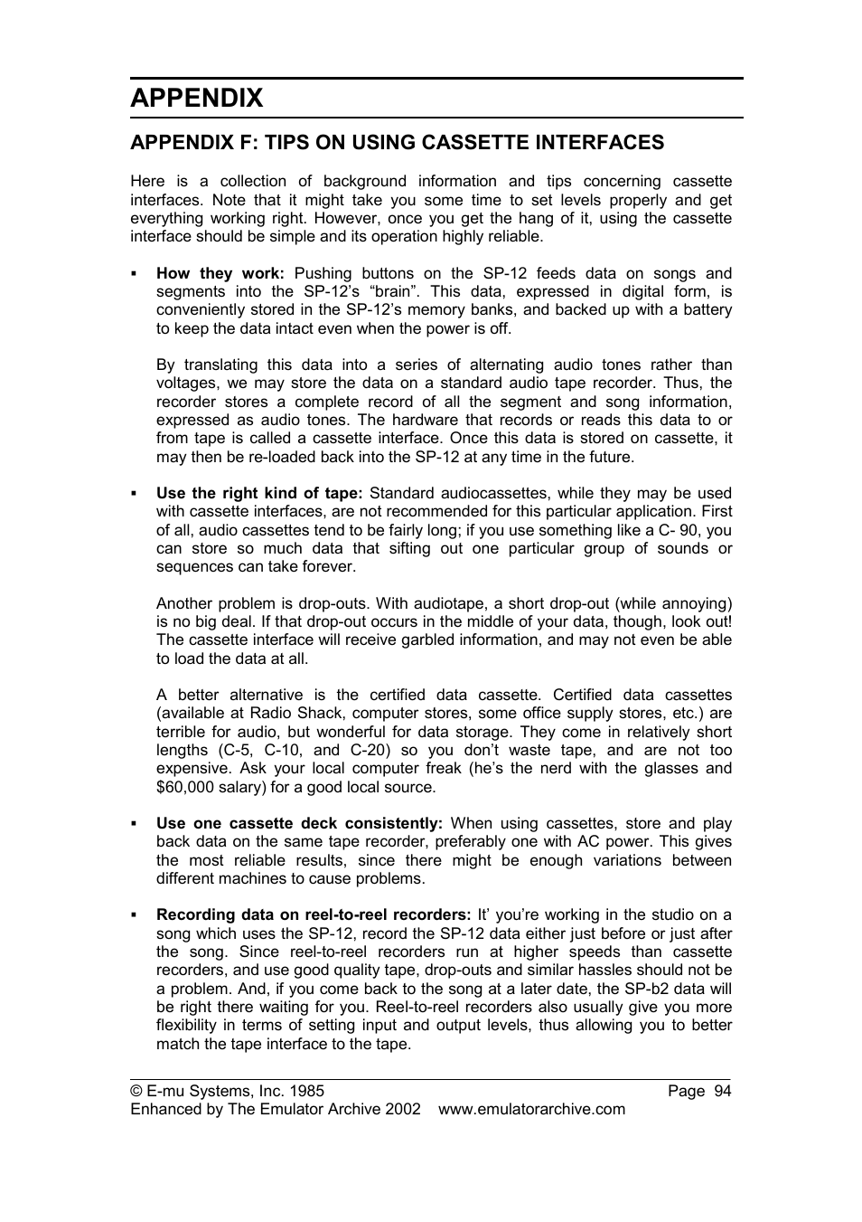 Appendix f: tips on using cassette interfaces, Appendix | SP Studio Systems SP-12 User Manual | Page 94 / 99