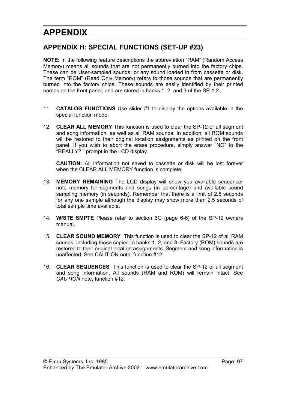 Appendix h: special functions (set-up #23), Appendix | SP Studio Systems SP-12 User Manual | Page 97 / 99