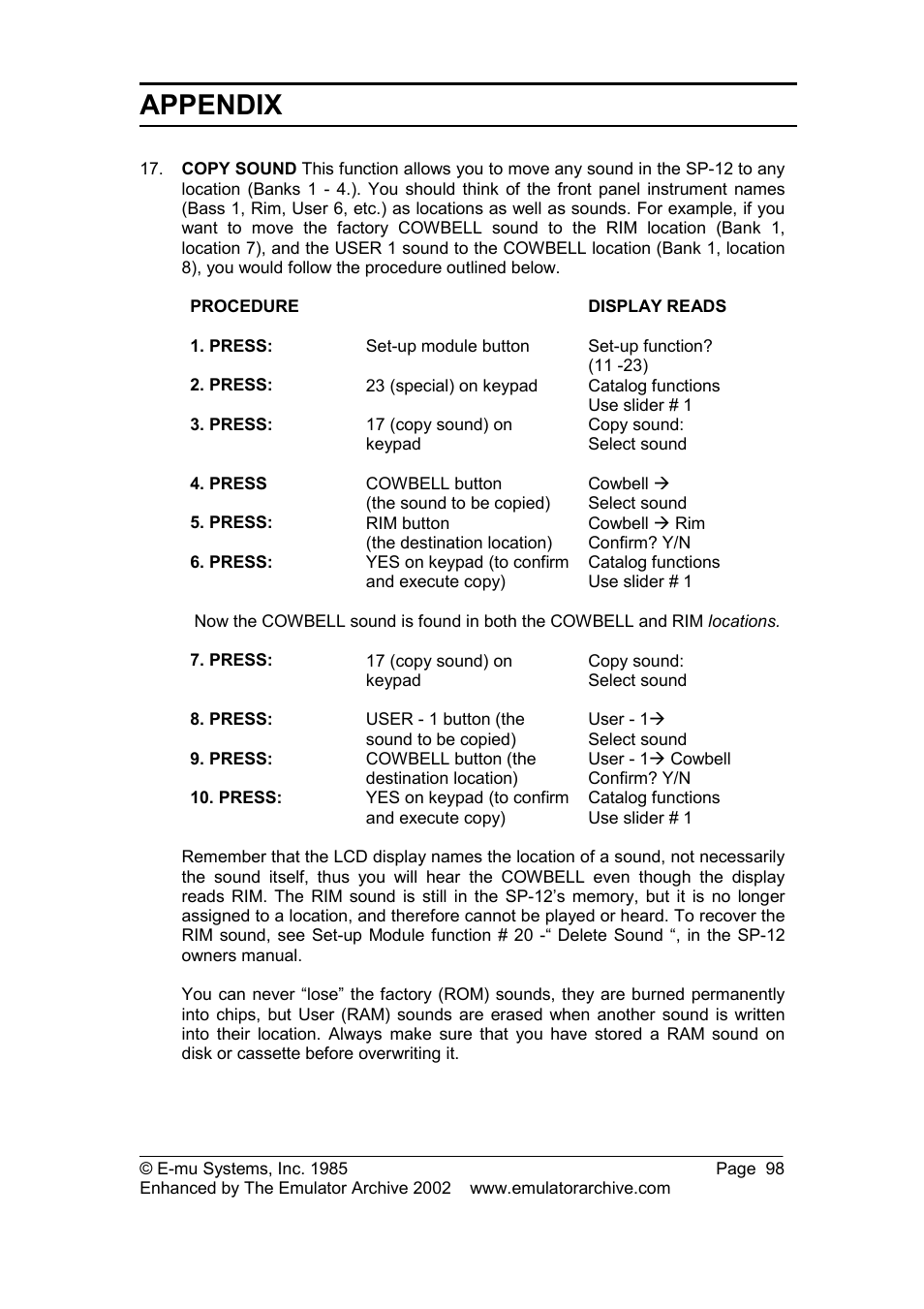Appendix | SP Studio Systems SP-12 User Manual | Page 98 / 99
