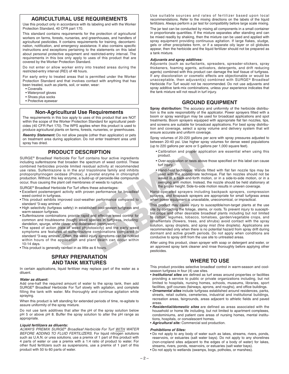 Sp ec im en la b el | Surge Water Broadleaf Herbicide For Turf User Manual | Page 2 / 5