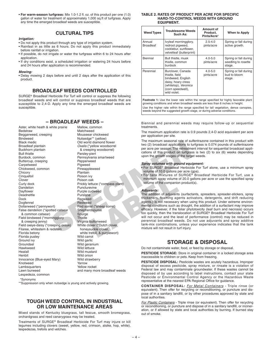 Sp ec im en la b el | Surge Water Broadleaf Herbicide For Turf User Manual | Page 4 / 5