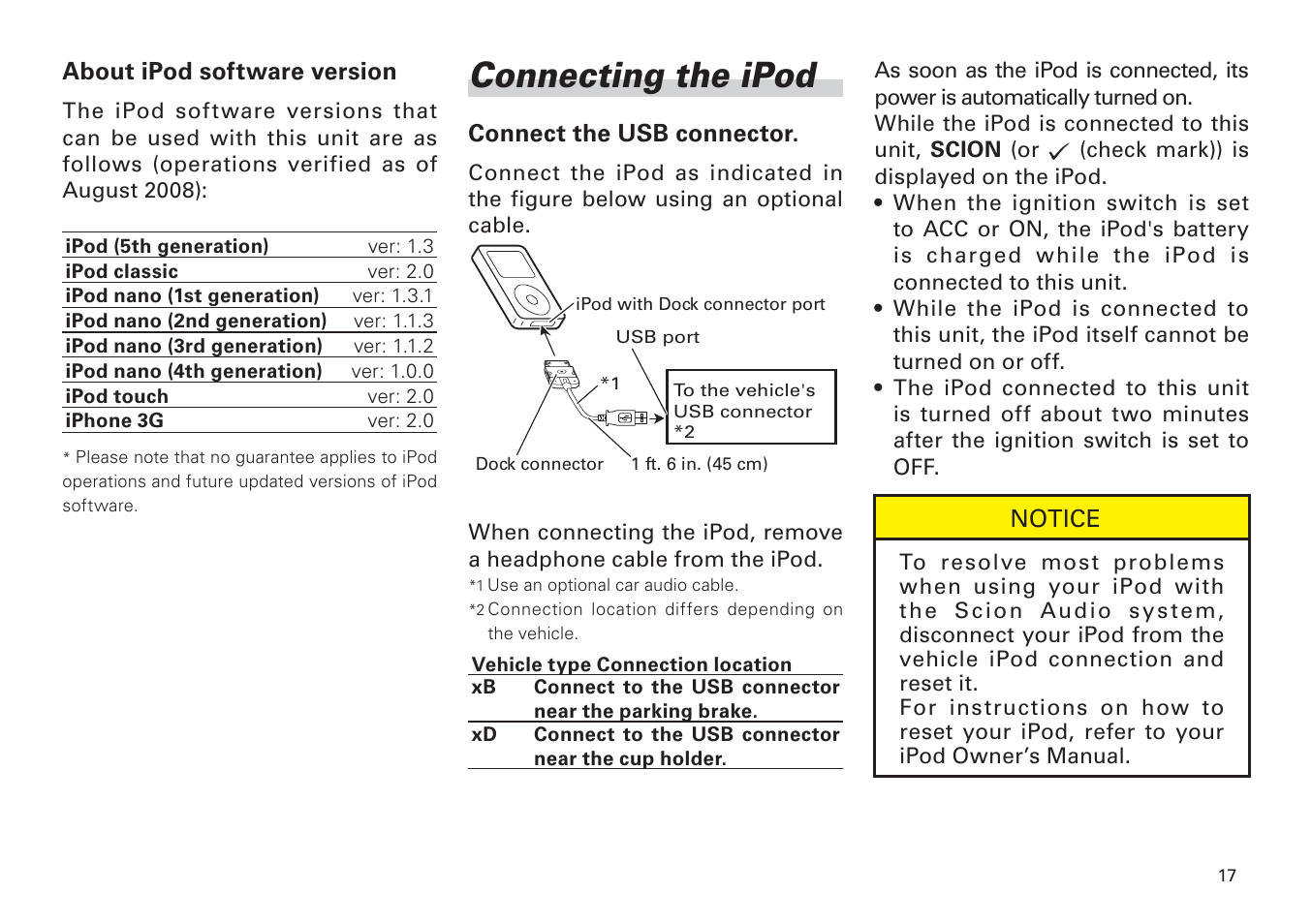 Connecting the ipod -18, Connecting the ipod | Scion PT546-00100 User Manual | Page 17 / 48