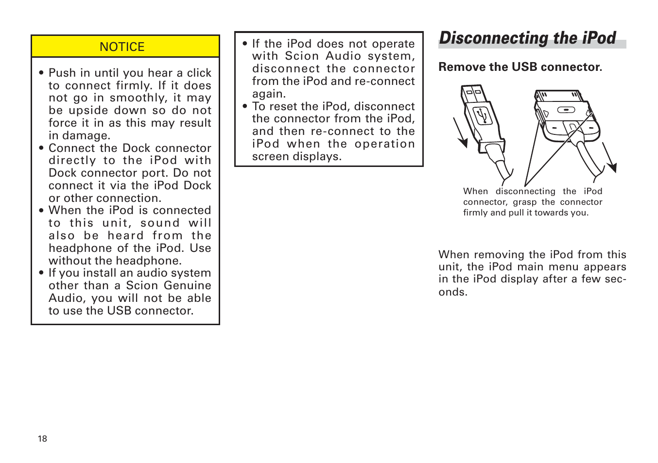 Disconnecting the ipod | Scion PT546-00100 User Manual | Page 18 / 48