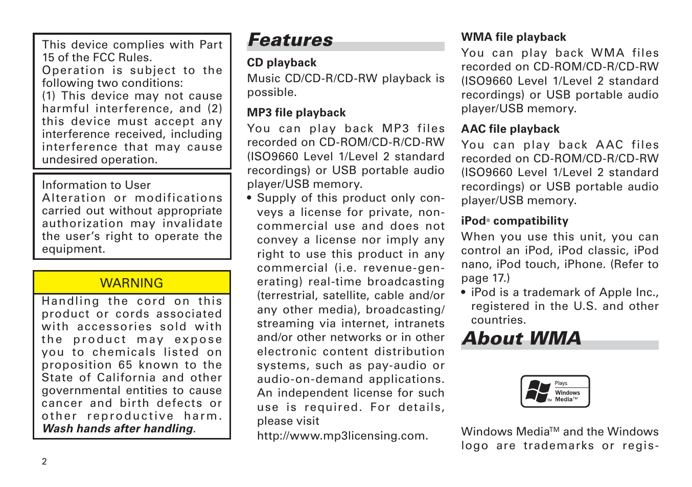 Features, About wma | Scion PT546-00100 User Manual | Page 2 / 48