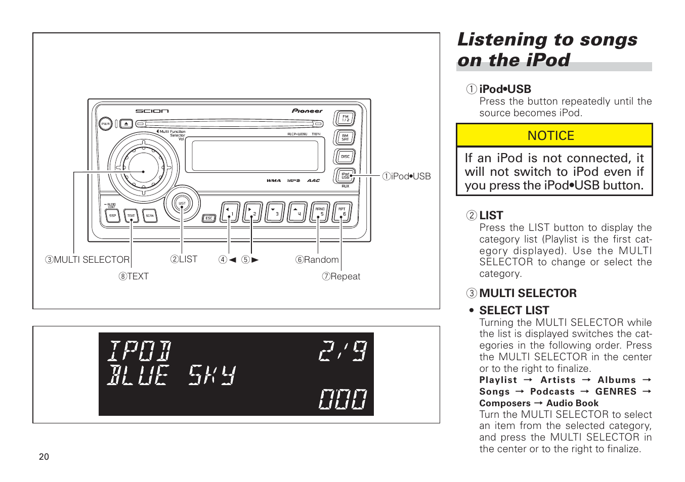 Listening to songs on the ipod -21, Listening to songs on the ipod | Scion PT546-00100 User Manual | Page 20 / 48
