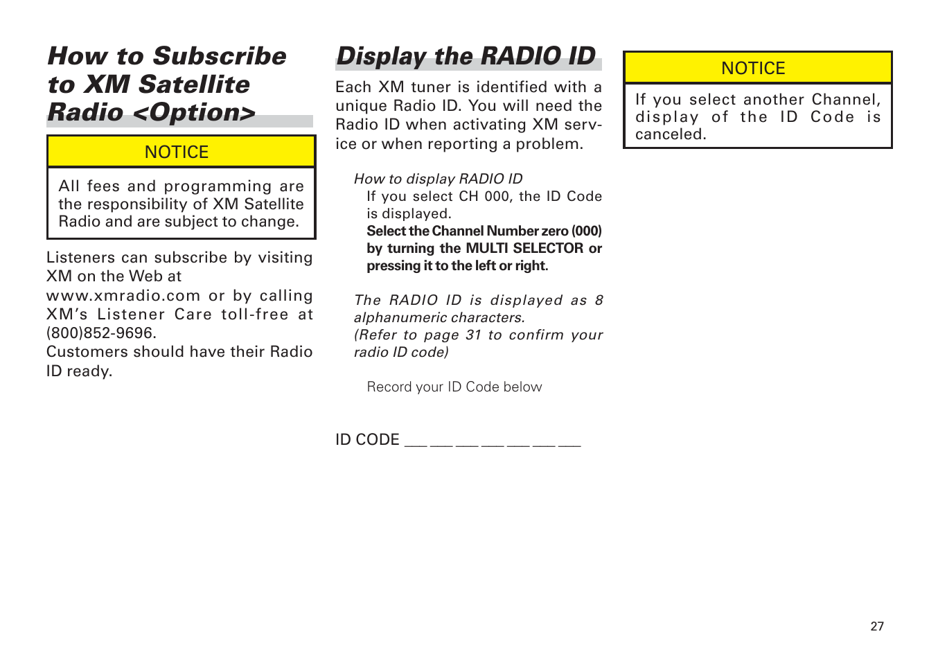 How to subscribe to xm satellite radio <option, Display the radio id -28, Display the radio id | Scion PT546-00100 User Manual | Page 27 / 48