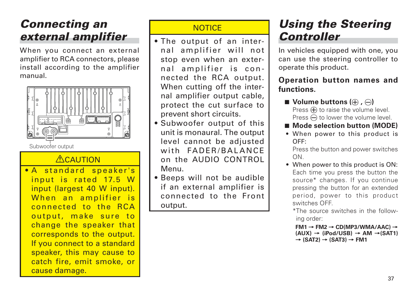 Connecting an external amplifier, Using the steering controller -38, Using the steering controller | Scion PT546-00100 User Manual | Page 37 / 48