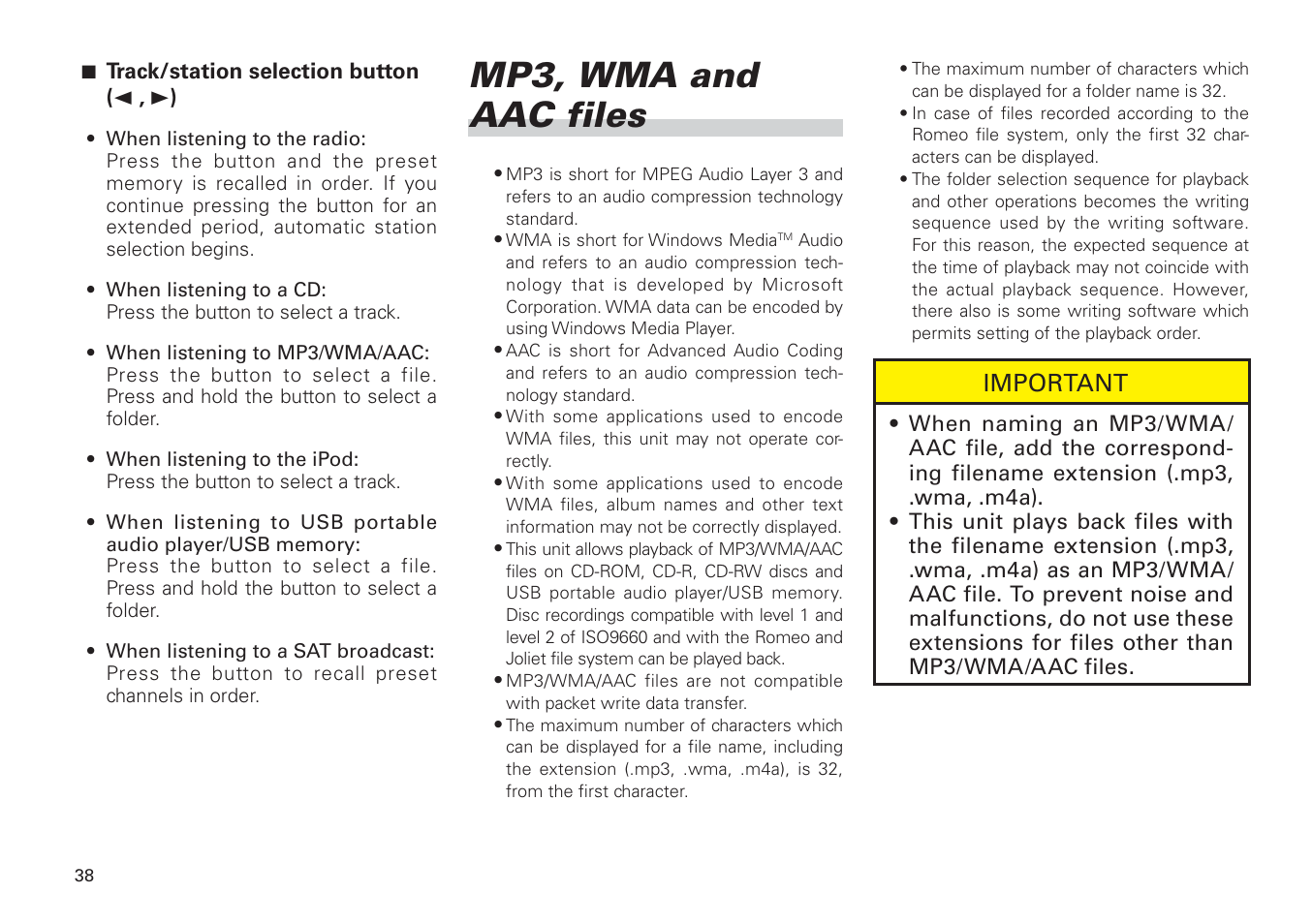 Mp3, wma and aac files, Important | Scion PT546-00100 User Manual | Page 38 / 48
