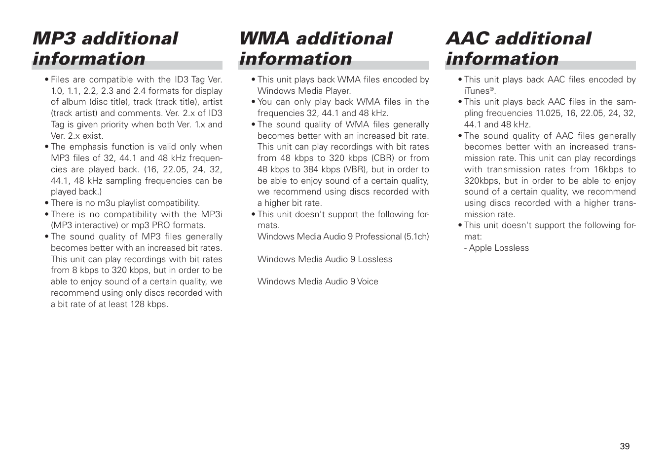 Mp3 additional information, Wma additional information, Aac additional information | Scion PT546-00100 User Manual | Page 39 / 48