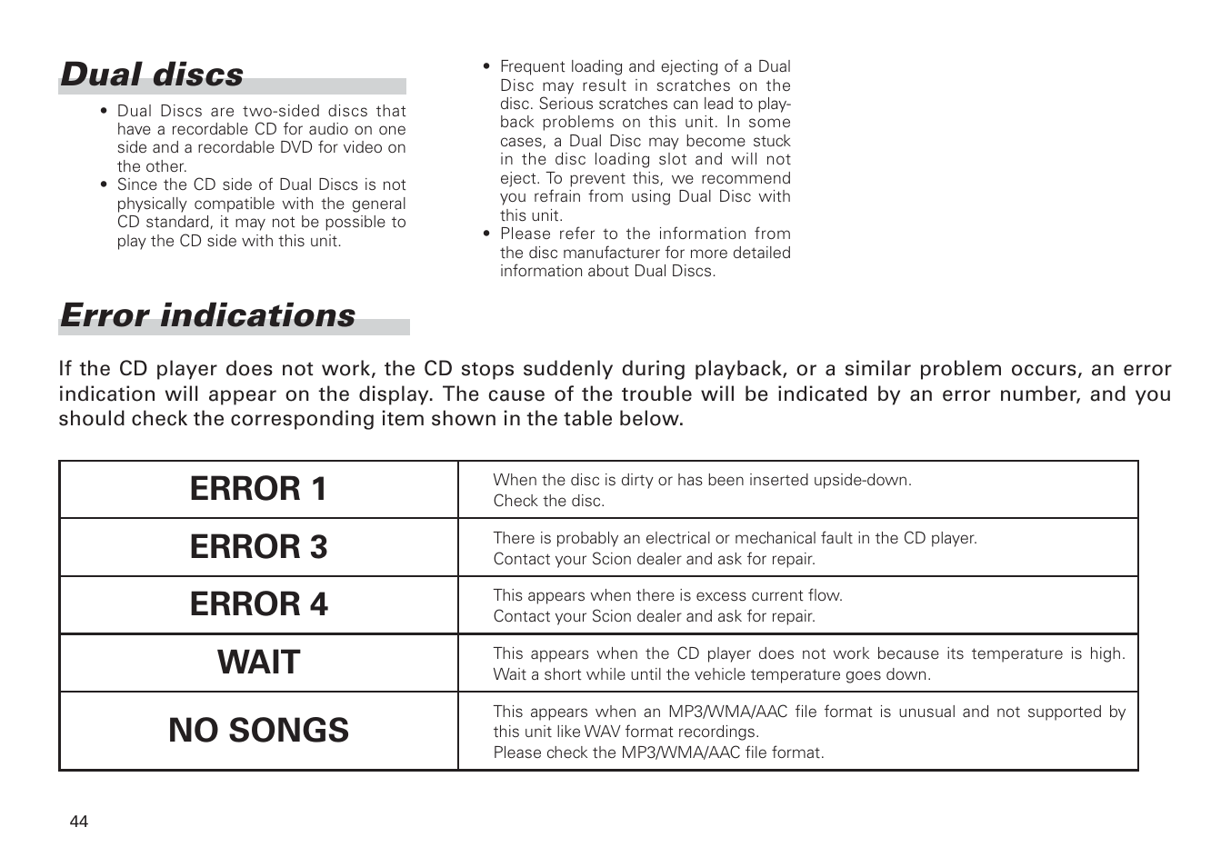 Dual discs, Error indications -47, Error indications | Error 1, Error 3, Error 4, Wait, No songs | Scion PT546-00100 User Manual | Page 44 / 48