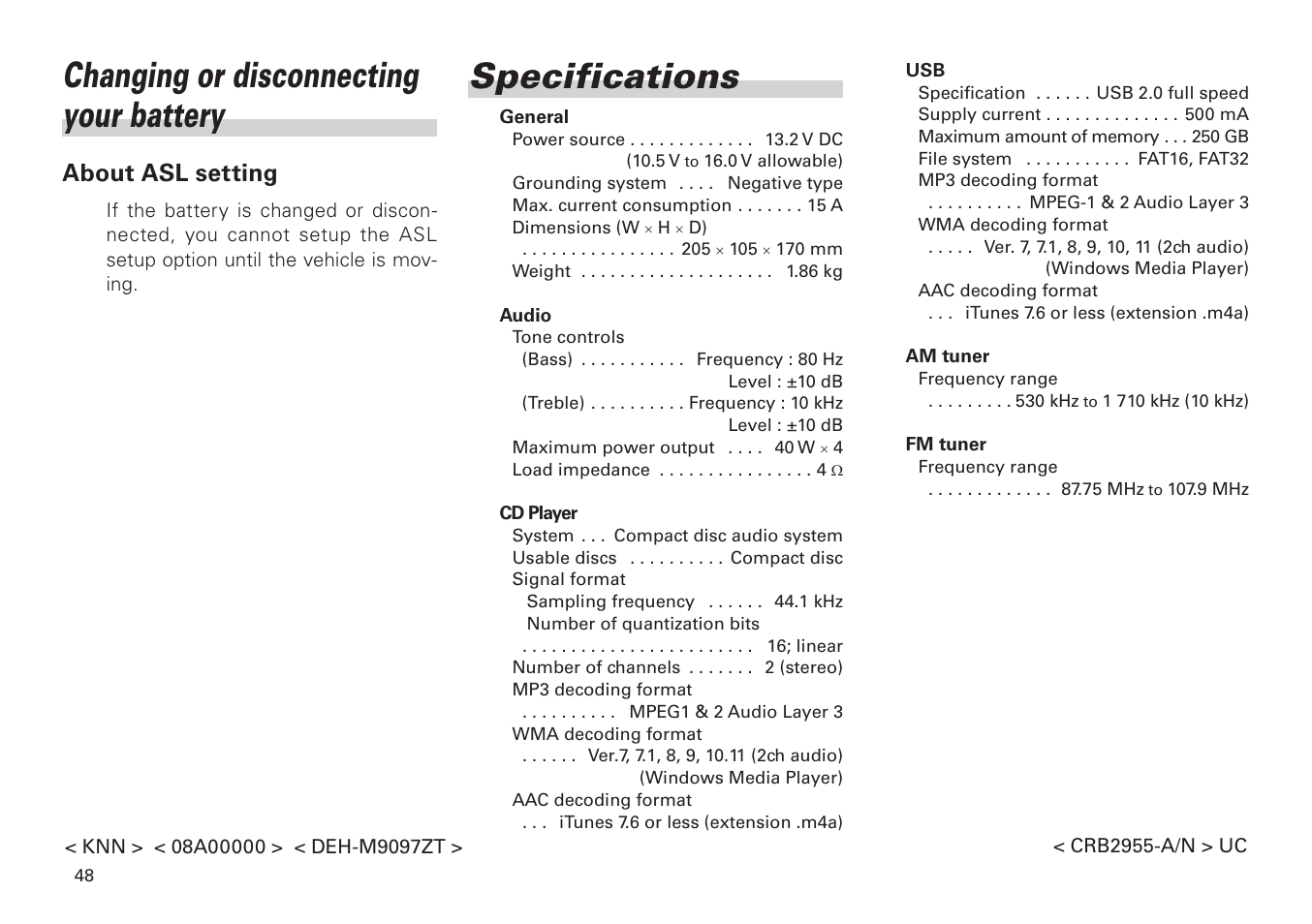 Changing or disconnecting your battery, Specifications, About asl setting | Scion PT546-00100 User Manual | Page 48 / 48
