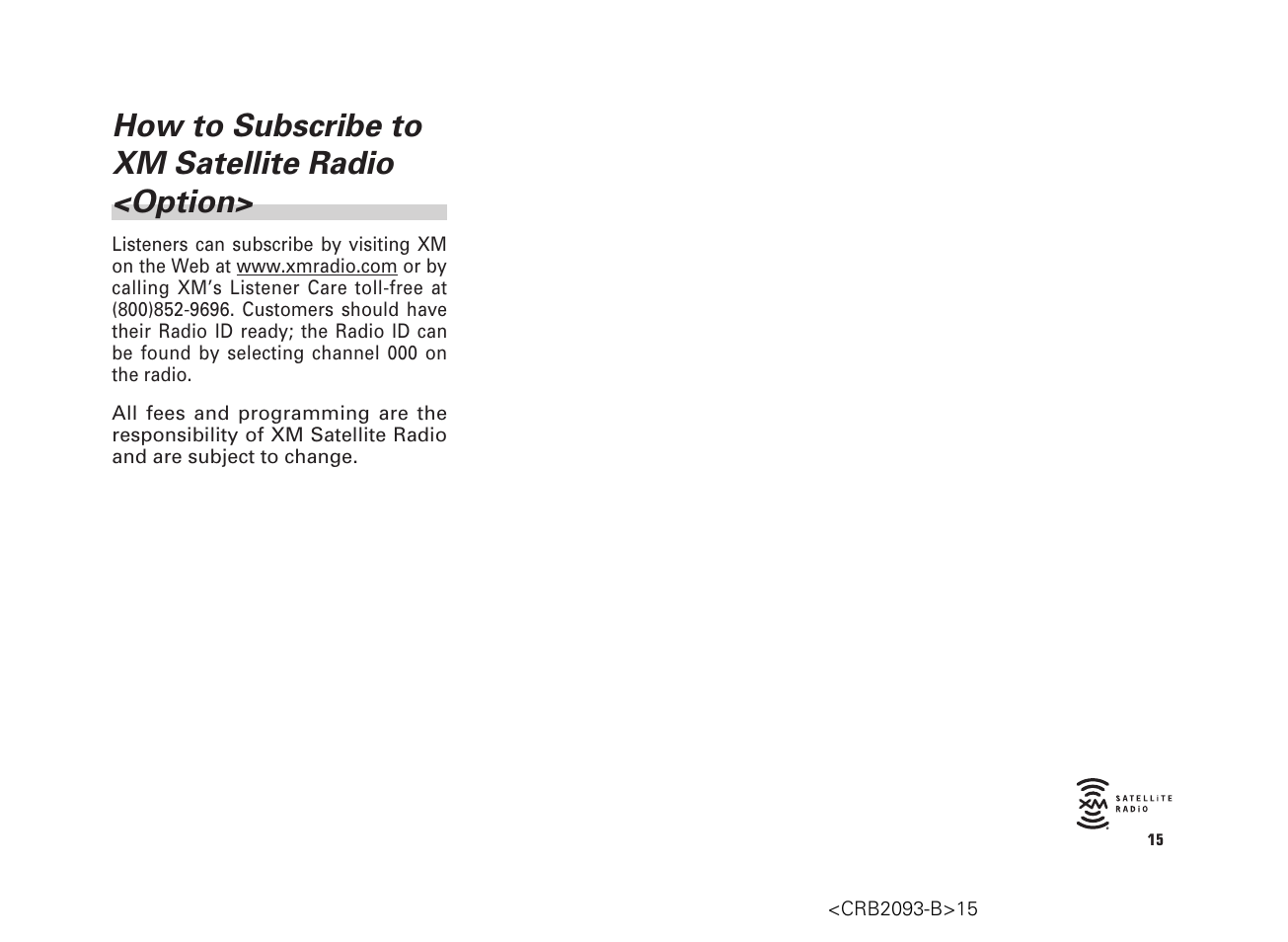 How to subscribe to xm satellite radio <option | Scion AM/FM/CD Player User Manual | Page 15 / 32