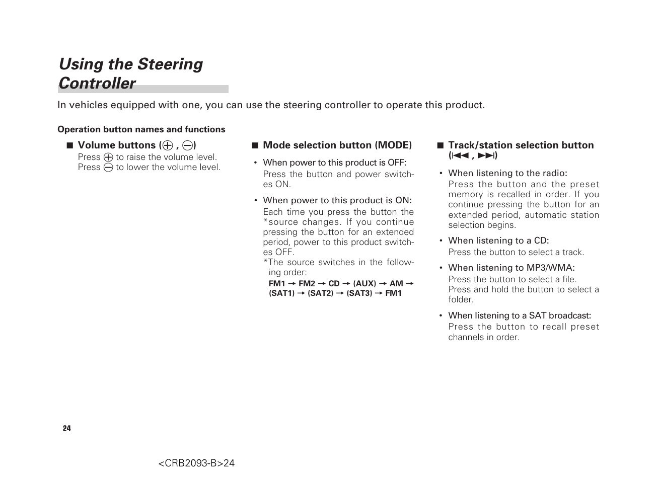 Using the steering controller | Scion AM/FM/CD Player User Manual | Page 24 / 32