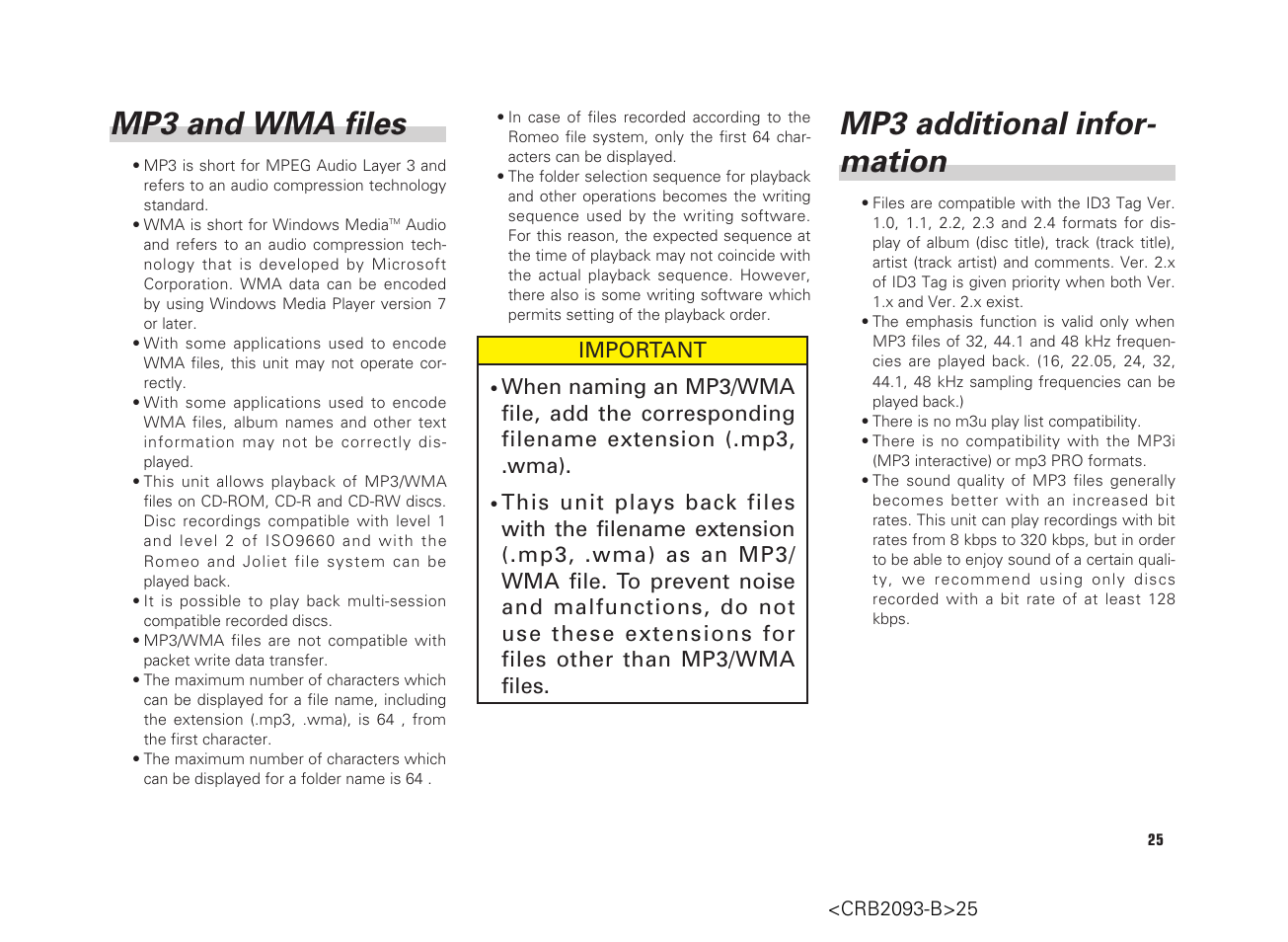 Mp3 and wma files, Mp3 additional infor- mation, Important | Scion AM/FM/CD Player User Manual | Page 25 / 32