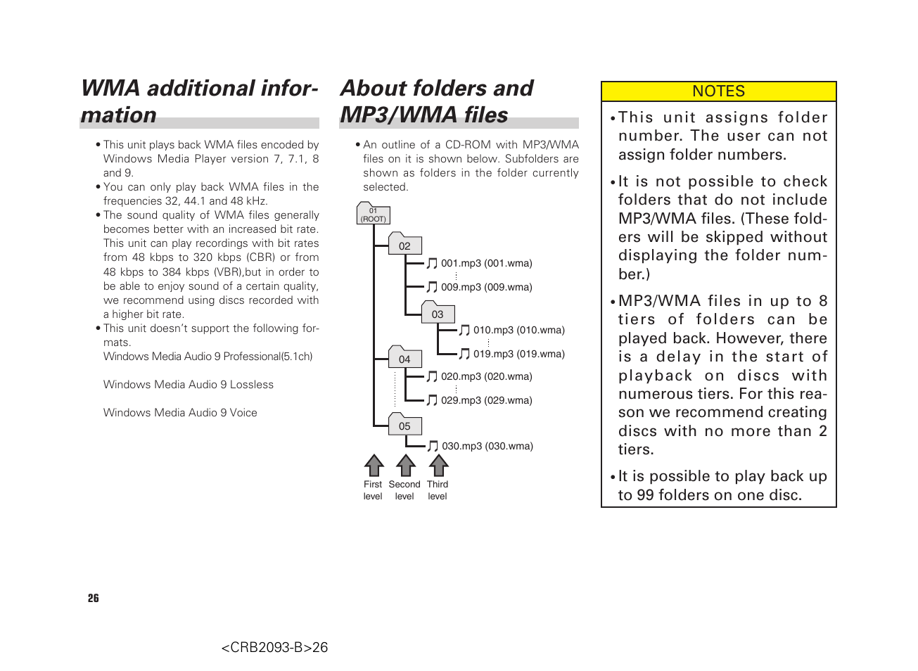 Wma additional infor- mation, About folders and mp3/wma files | Scion AM/FM/CD Player User Manual | Page 26 / 32
