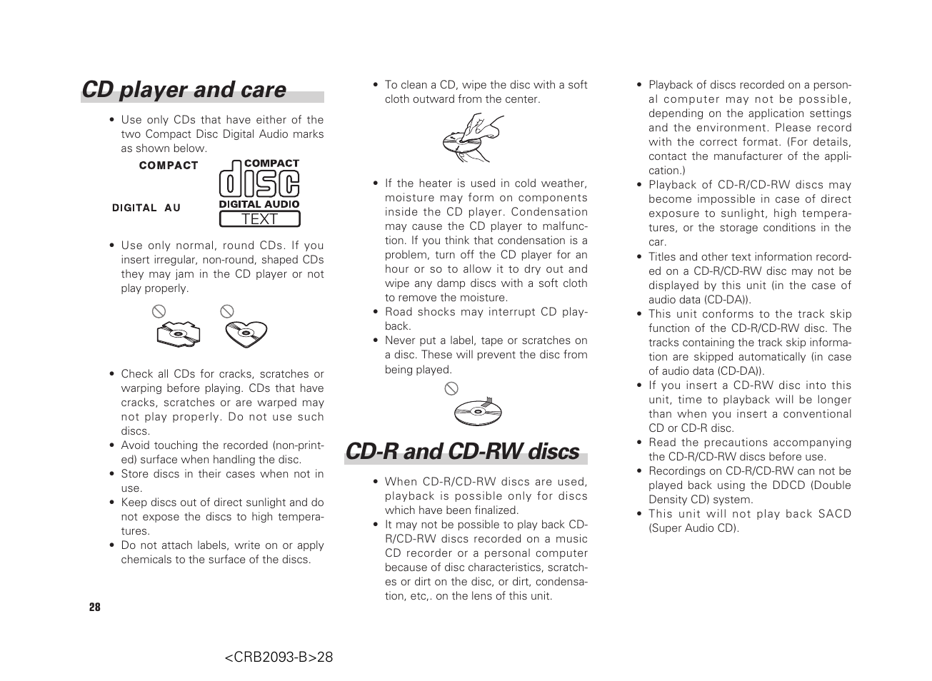 Cd player and care, Cd-r and cd-rw discs | Scion AM/FM/CD Player User Manual | Page 28 / 32