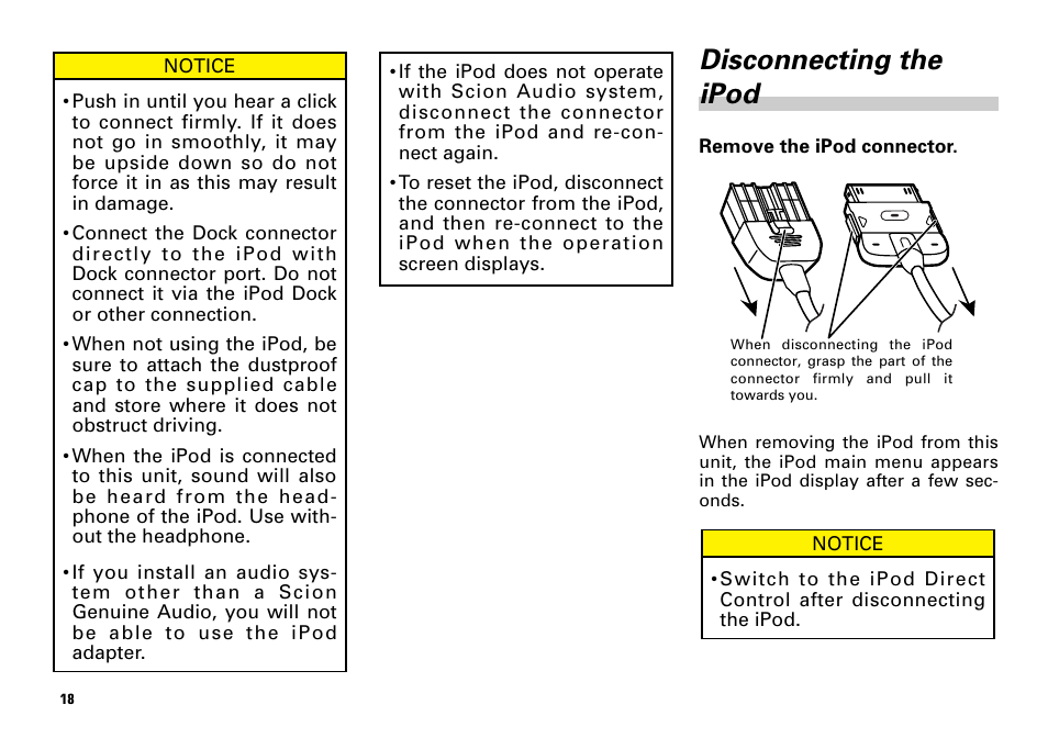 Disconnecting the ipod | Scion PT546-00081 User Manual | Page 18 / 44