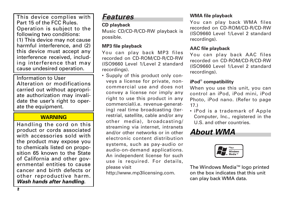 Features, About wma | Scion PT546-00081 User Manual | Page 2 / 44