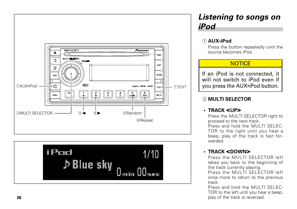 Listening to songs on ipod -22, Listening to songs on ipod | Scion PT546-00081 User Manual | Page 20 / 44