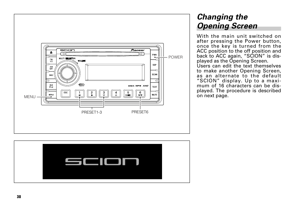 Changing the opening screen -31, Changing the opening screen | Scion PT546-00081 User Manual | Page 30 / 44