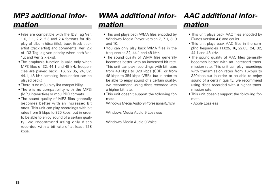 Mp3 additional infor- mation, Wma additional infor- mation, Aac additional infor- mation | Scion PT546-00081 User Manual | Page 36 / 44