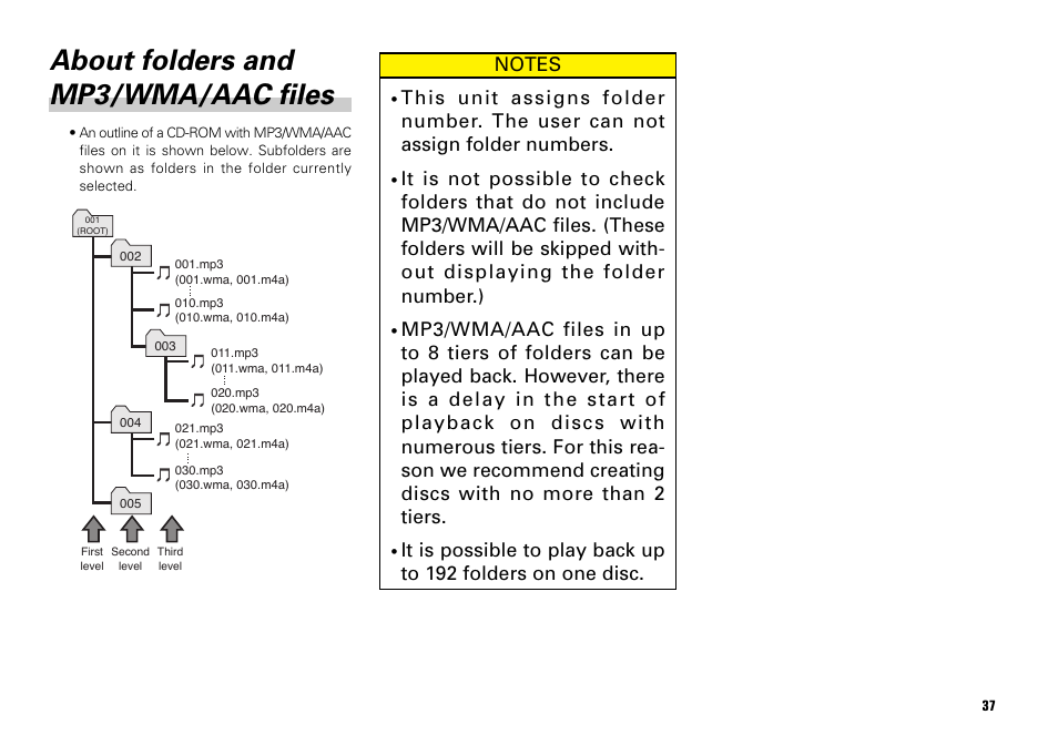 About folders and mp3/wma/aac files | Scion PT546-00081 User Manual | Page 37 / 44