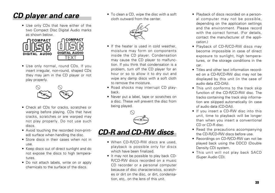Cd player and care cd-r and cd-rw discs, Cd player and care, Cd-r and cd-rw discs | Scion PT546-00081 User Manual | Page 39 / 44