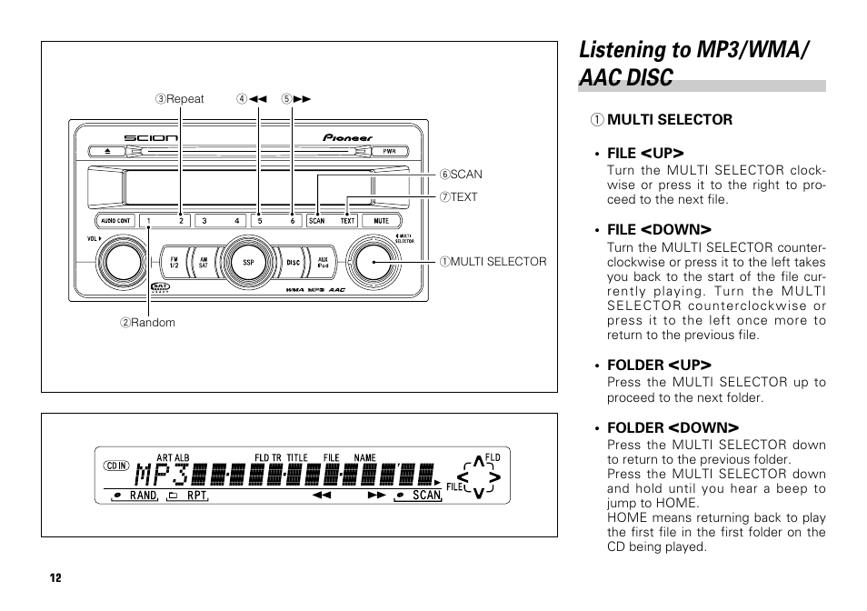 Listening to mp3/wma/aac disc -13, Listening to mp3/wma/ aac disc | Scion PT546-00080 User Manual | Page 12 / 40