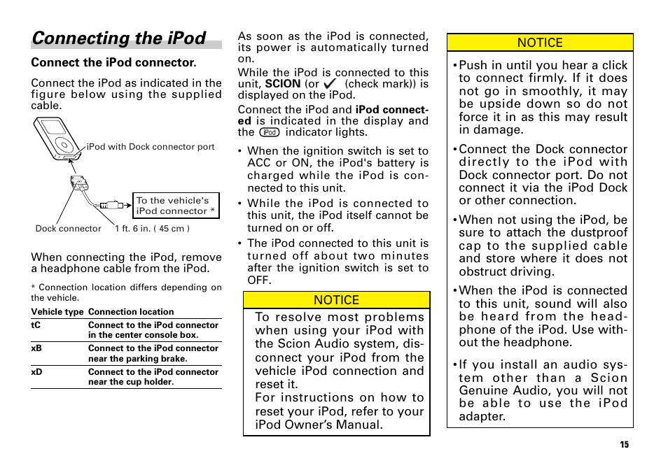 Connecting the ipod | Scion PT546-00080 User Manual | Page 15 / 40