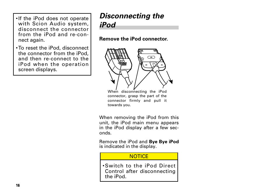 Disconnecting the ipod | Scion PT546-00080 User Manual | Page 16 / 40